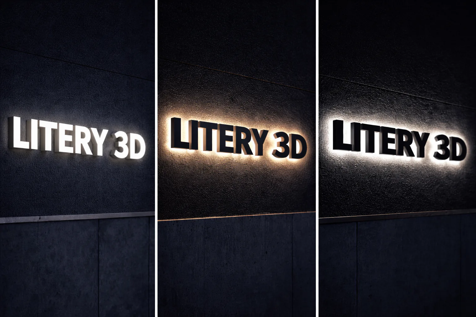 Porównanie trzech typów liter 3D — frontlight, halo i black&white